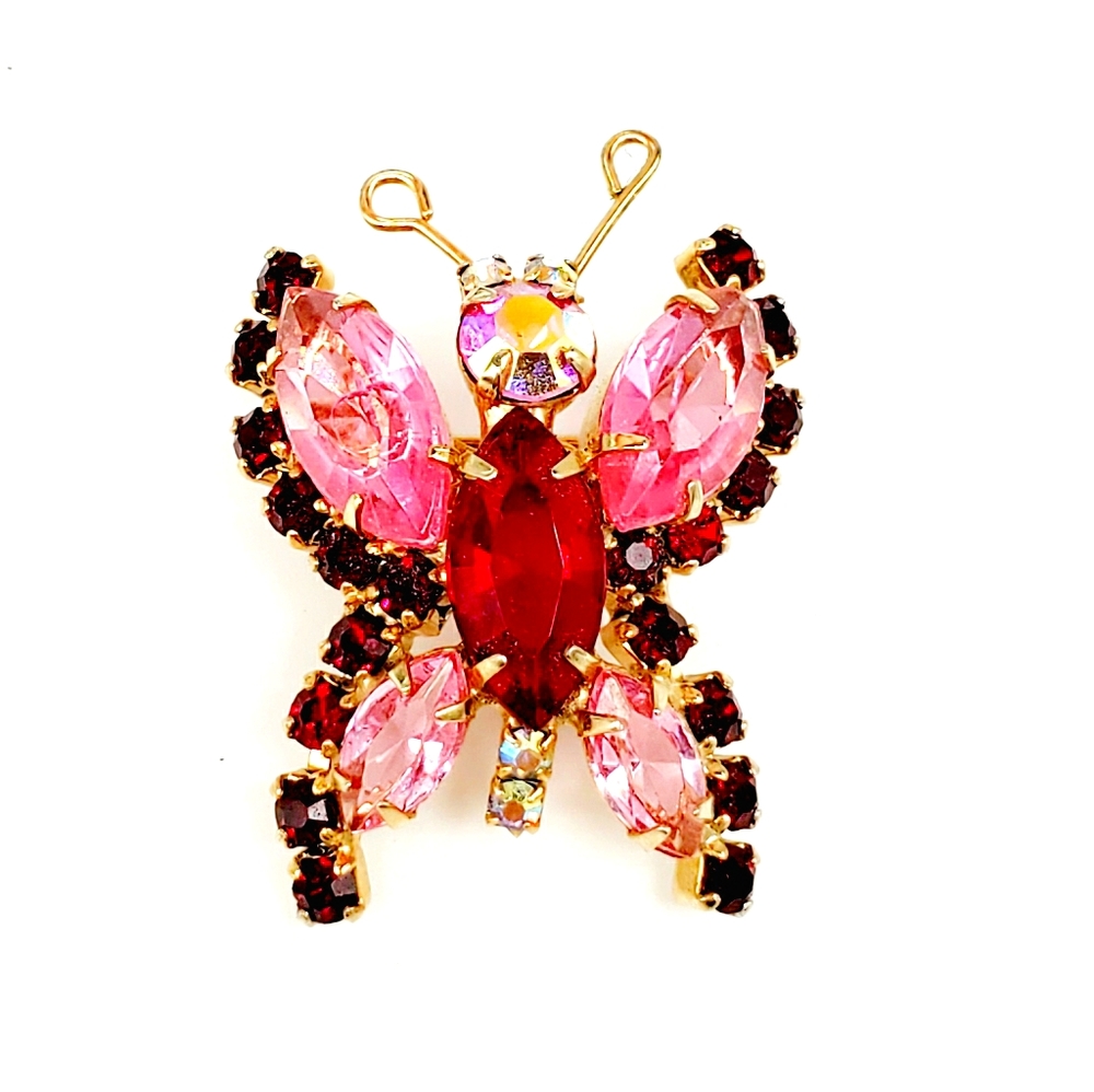 Vintage Small Pink and Black Rhinestone BUTTERFLY Gold Brooch Pin